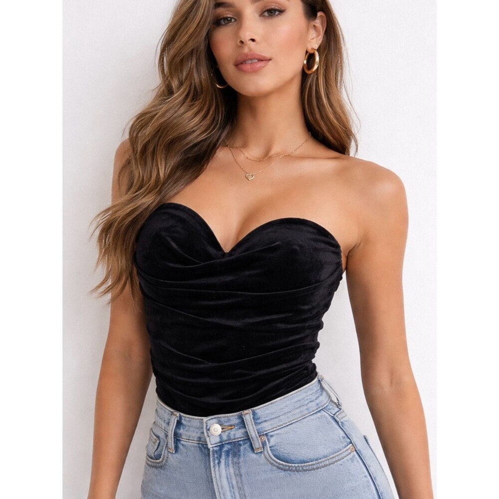 NWT Express Elegant Black Velvet Top Cropped Body Contour Corset Blouse